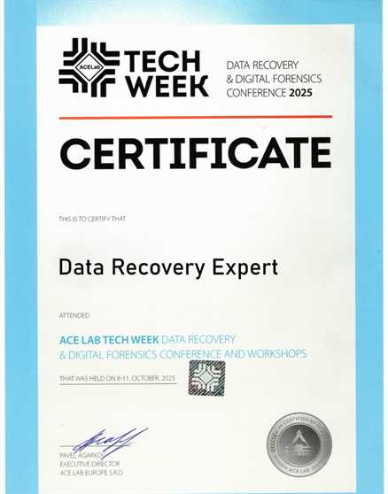 Forensic and Data recovery Training Summit 
Certificate ACE 2025
This certificate confirms that 
Data Recovery Expert has attended the annual 
forensic conference, completed its 
yearly training, and upgraded all of its equipment
- ensuring it is consistently capable of performing 
data recovery at a modern, professional level.